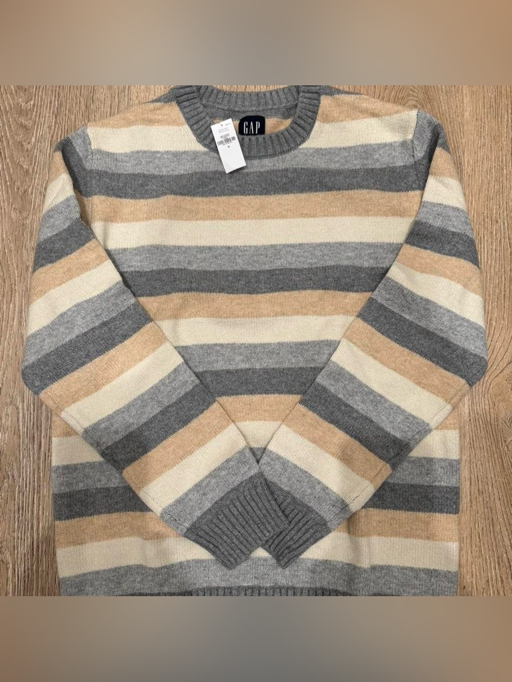 GAP Men's Striped Crewneck Sweater - Gray, Cream & Tan
